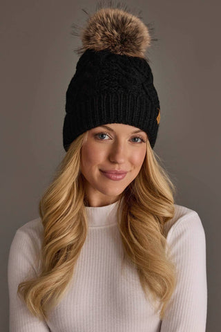 Black Cable Knit Faux Fur Pom Hat