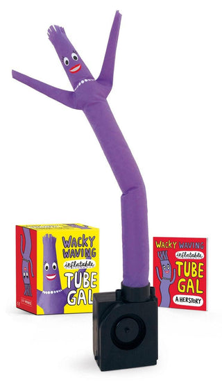 Purple inflatable tube gal wind spinner toy with a black base, shown with its yellow and red packaging boxes on a white background.