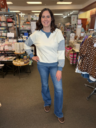 Women's Blue Striped Color Block Sweatshirt