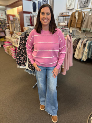 Women's Blanket Stitch Striped Crew Neck Sweater