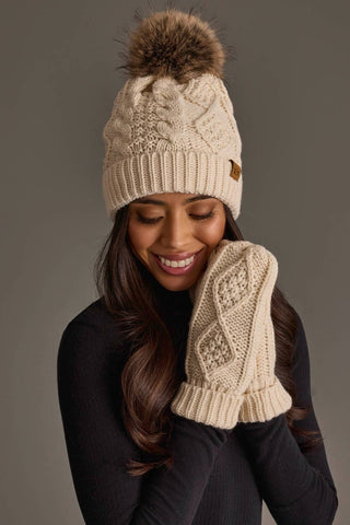 Fleece-Lined Cable Knit Mittens - Beige