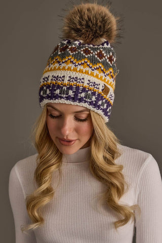 Women's Ivory, Purple & Gold Patterned Pom Beanie