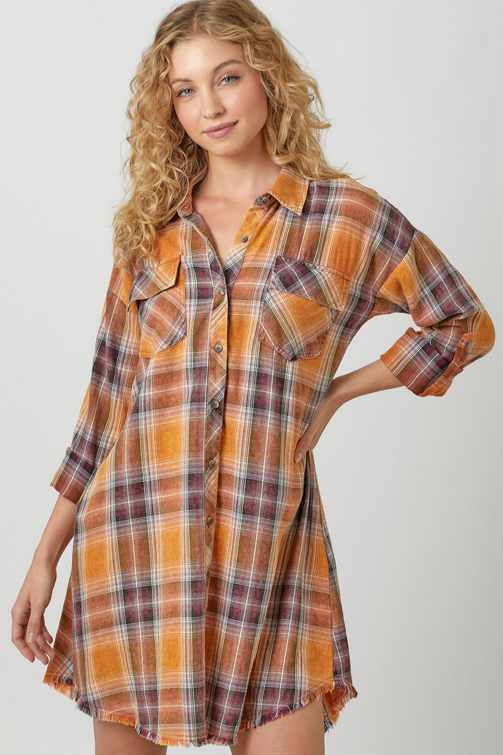 Mineral Washed Plaid Shirt Dress