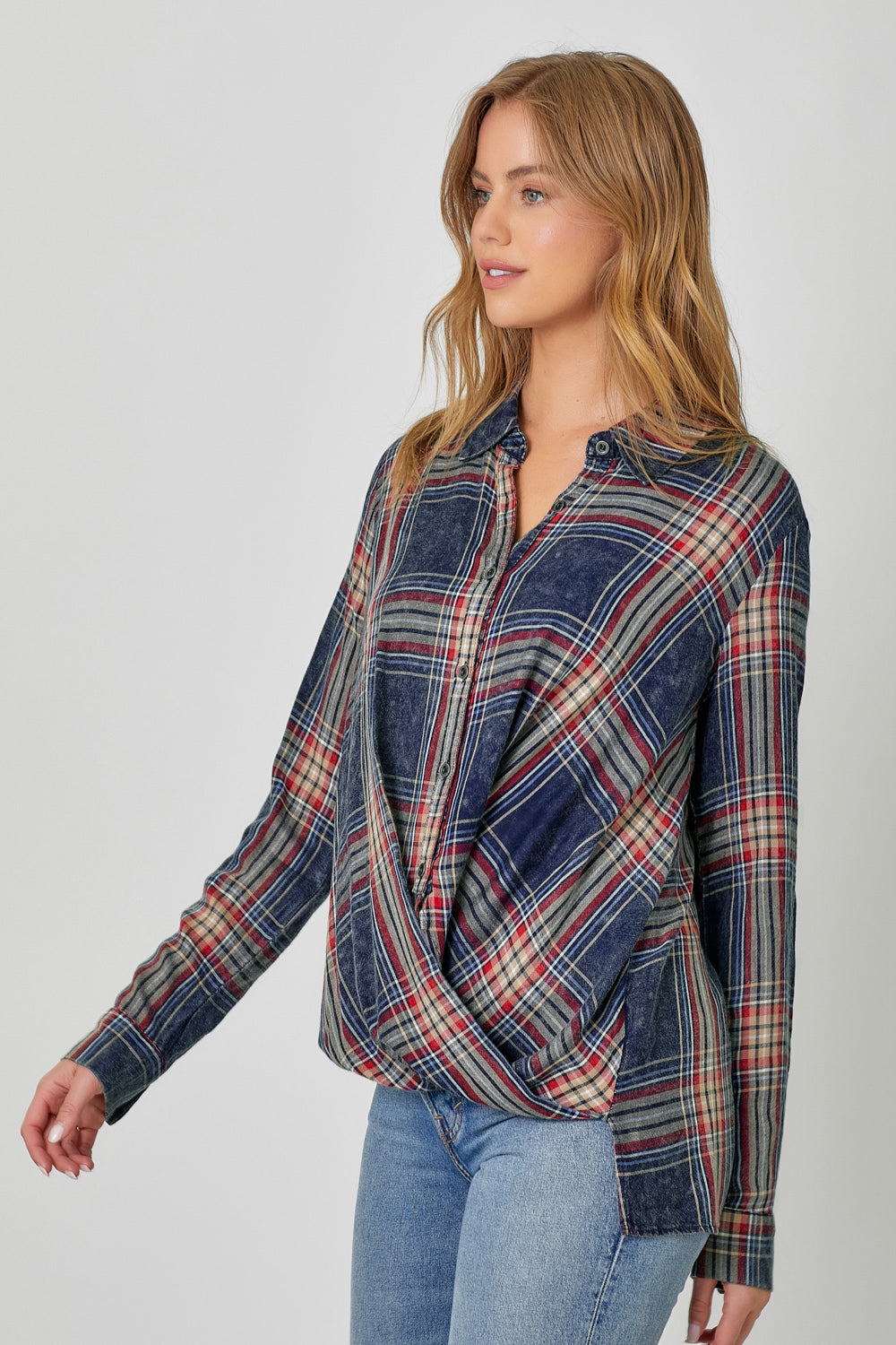 Plaid Surplice Button Blouse