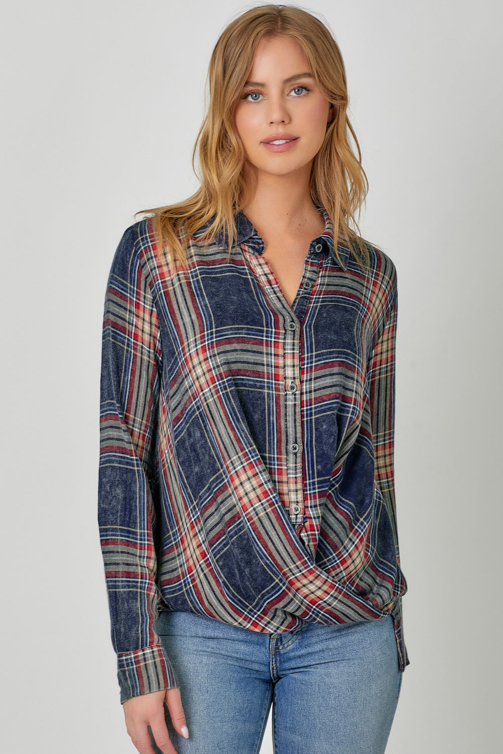 Plaid Surplice Button Blouse