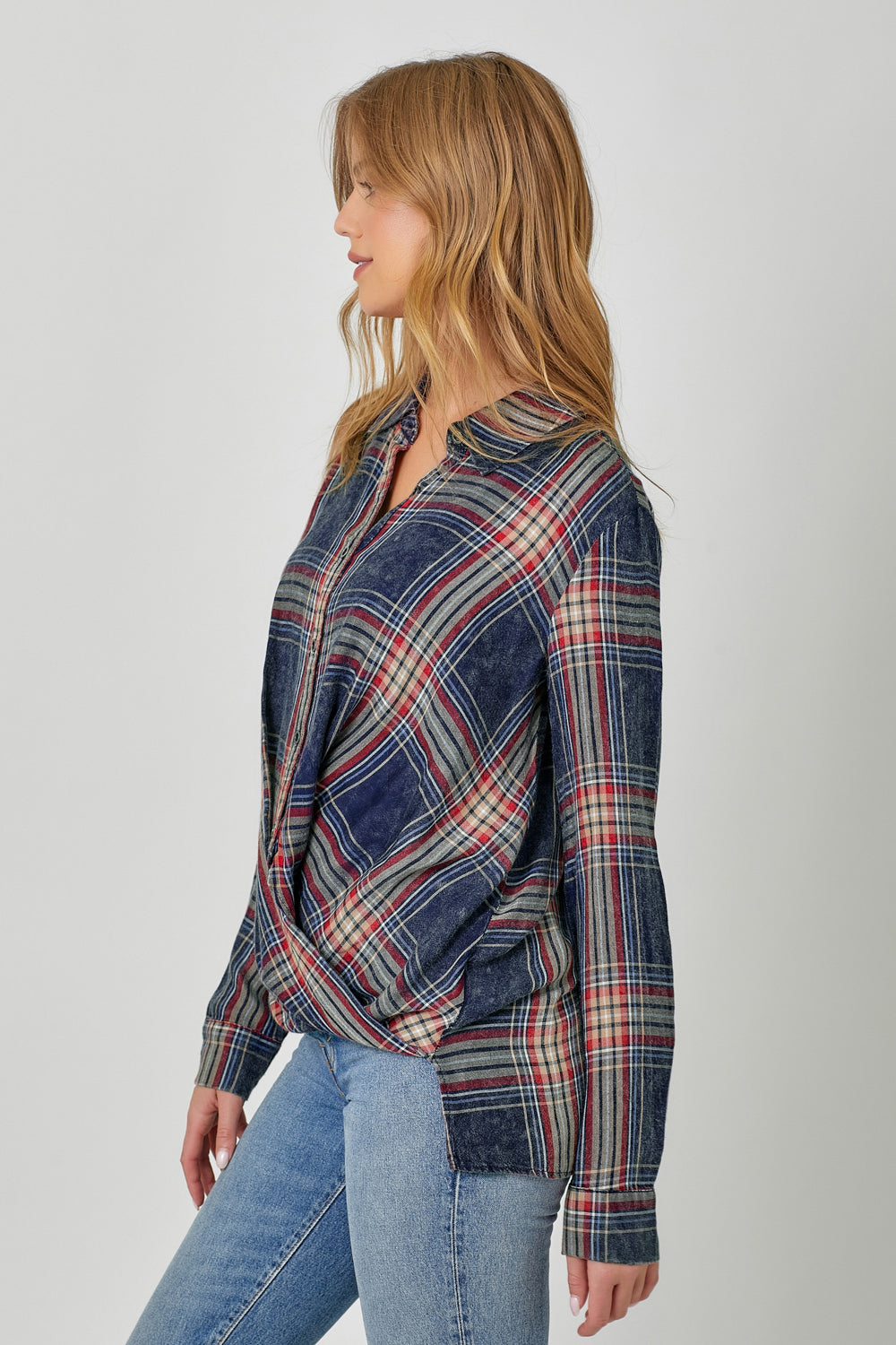 Plaid Surplice Button Blouse