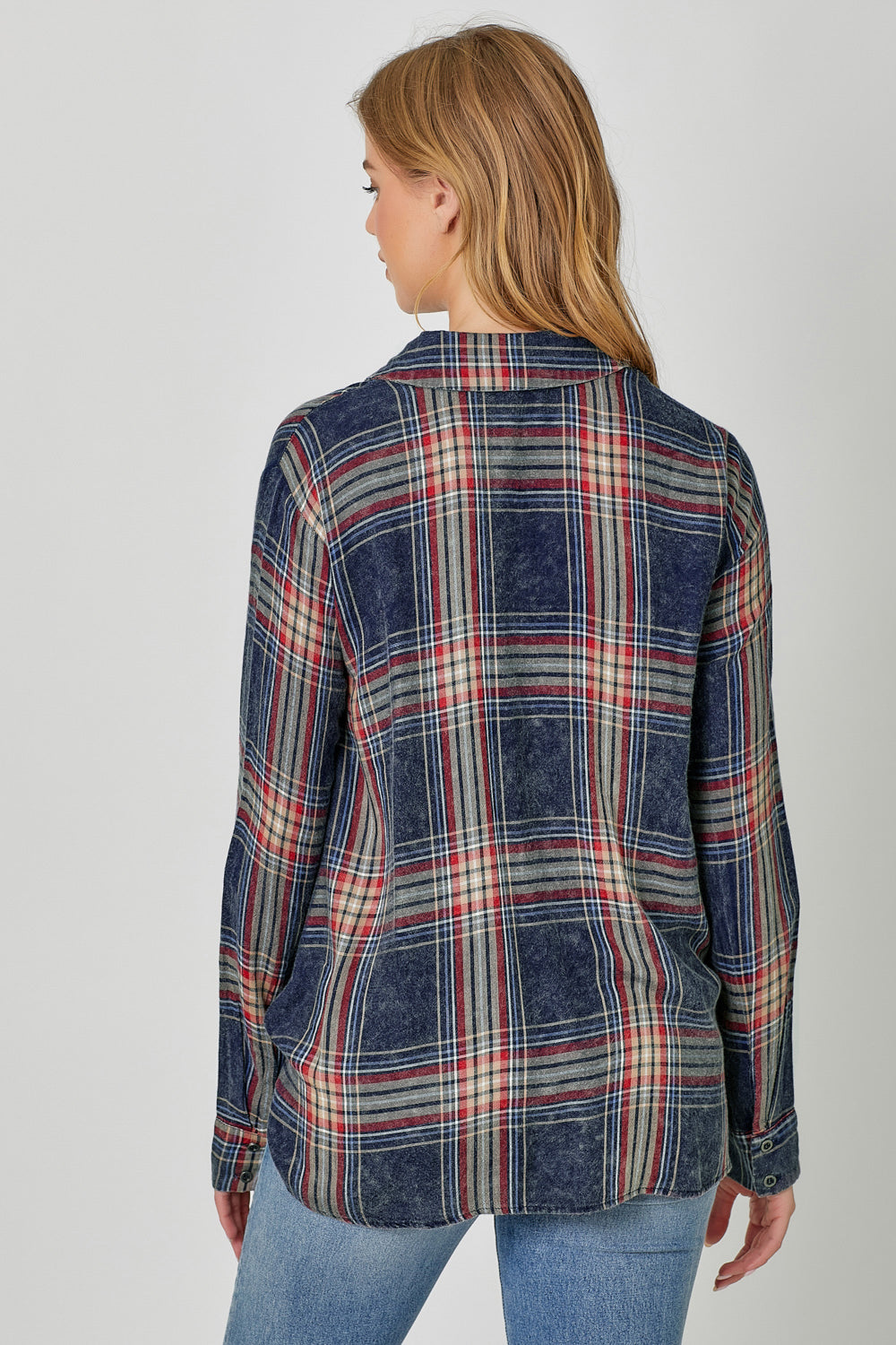 Plaid Surplice Button Blouse