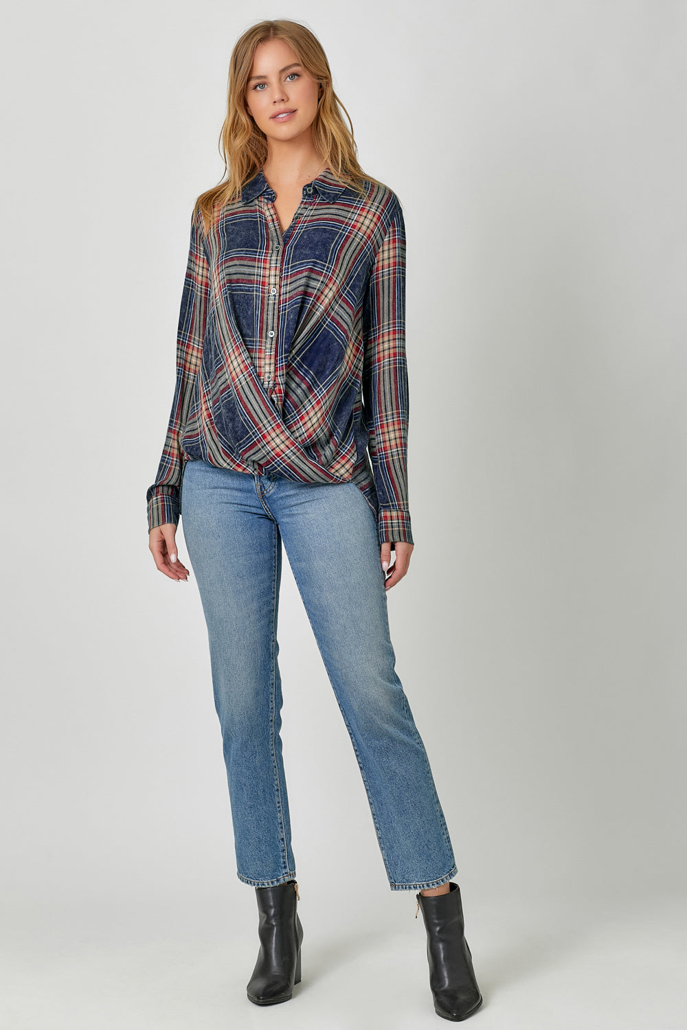 Plaid Surplice Button Blouse