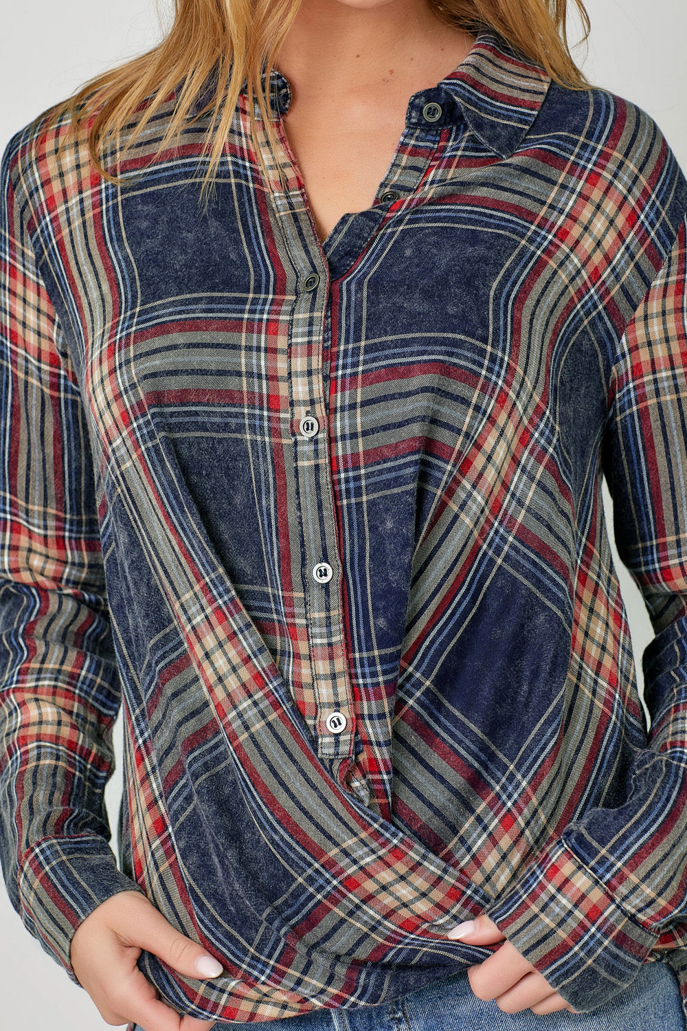 Plaid Surplice Button Blouse