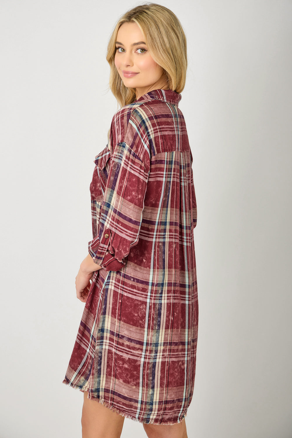 Washed Plaid Shirt Dress