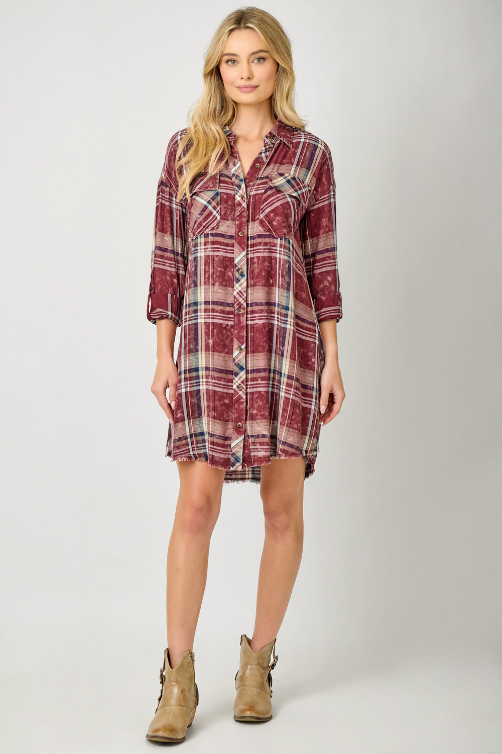 Washed Plaid Shirt Dress
