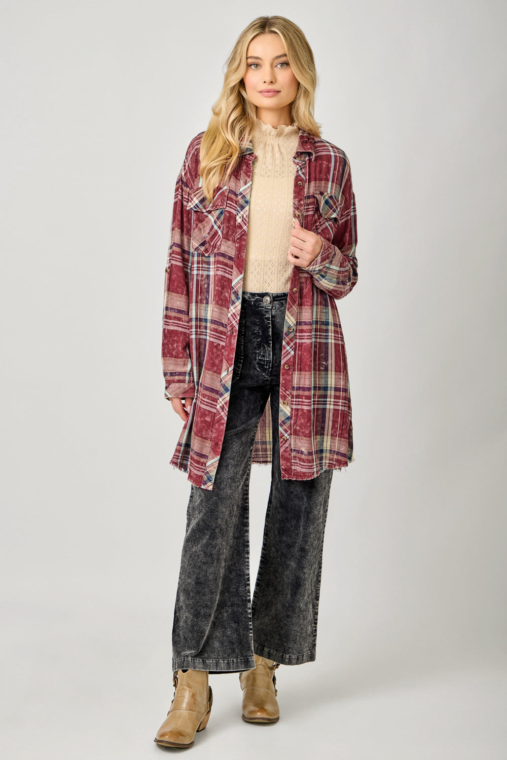 Washed Plaid Shirt Dress