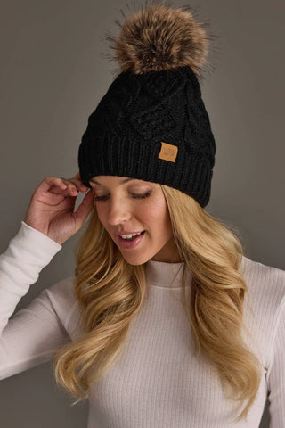 Black Cable Knit Faux Fur Pom Hat