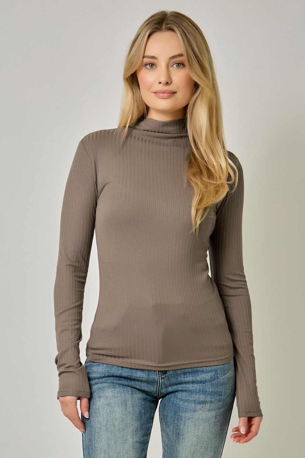 Pointelle Mock Neck Top | Women's Fitted Ribbed Knit Long Sleeve