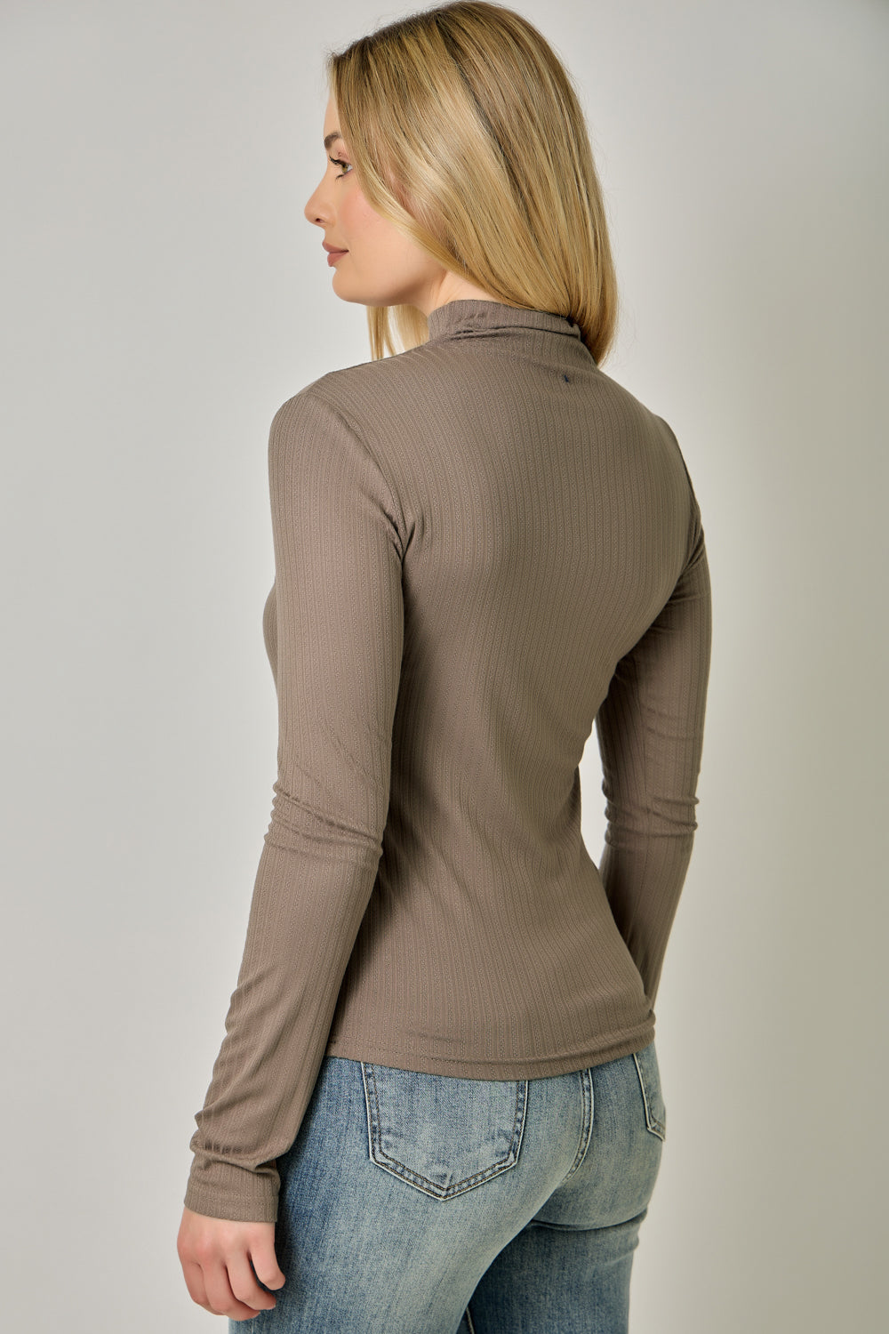 Pointelle Mock Neck Top | Women's Fitted Ribbed Knit Long Sleeve