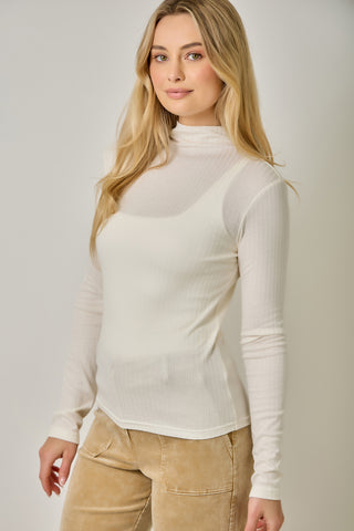 Pointelle Mock Neck Top | Women's Fitted Ribbed Knit Long Sleeve