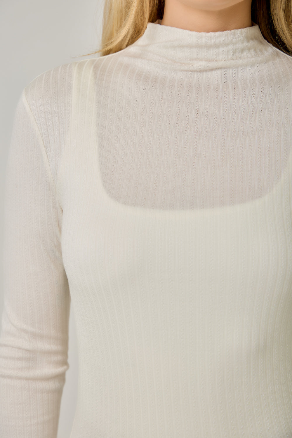 Pointelle Mock Neck Top | Women's Fitted Ribbed Knit Long Sleeve