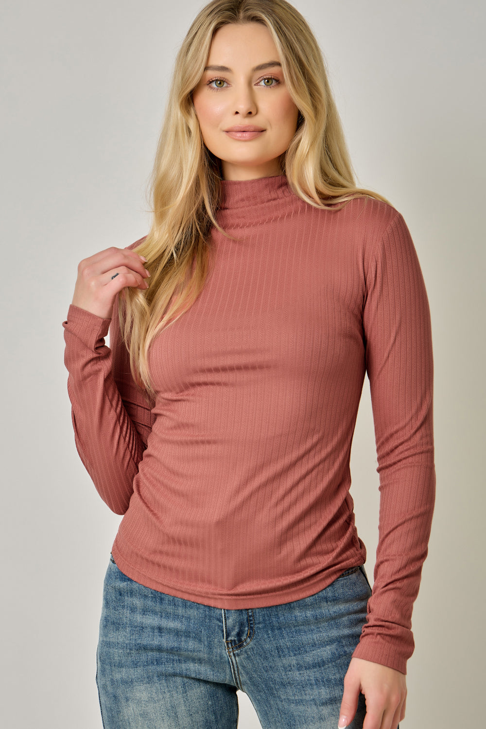 Pointelle Mock Neck Top | Women's Fitted Ribbed Knit Long Sleeve