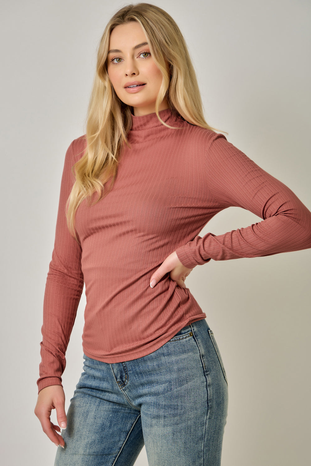 Pointelle Mock Neck Top | Women's Fitted Ribbed Knit Long Sleeve