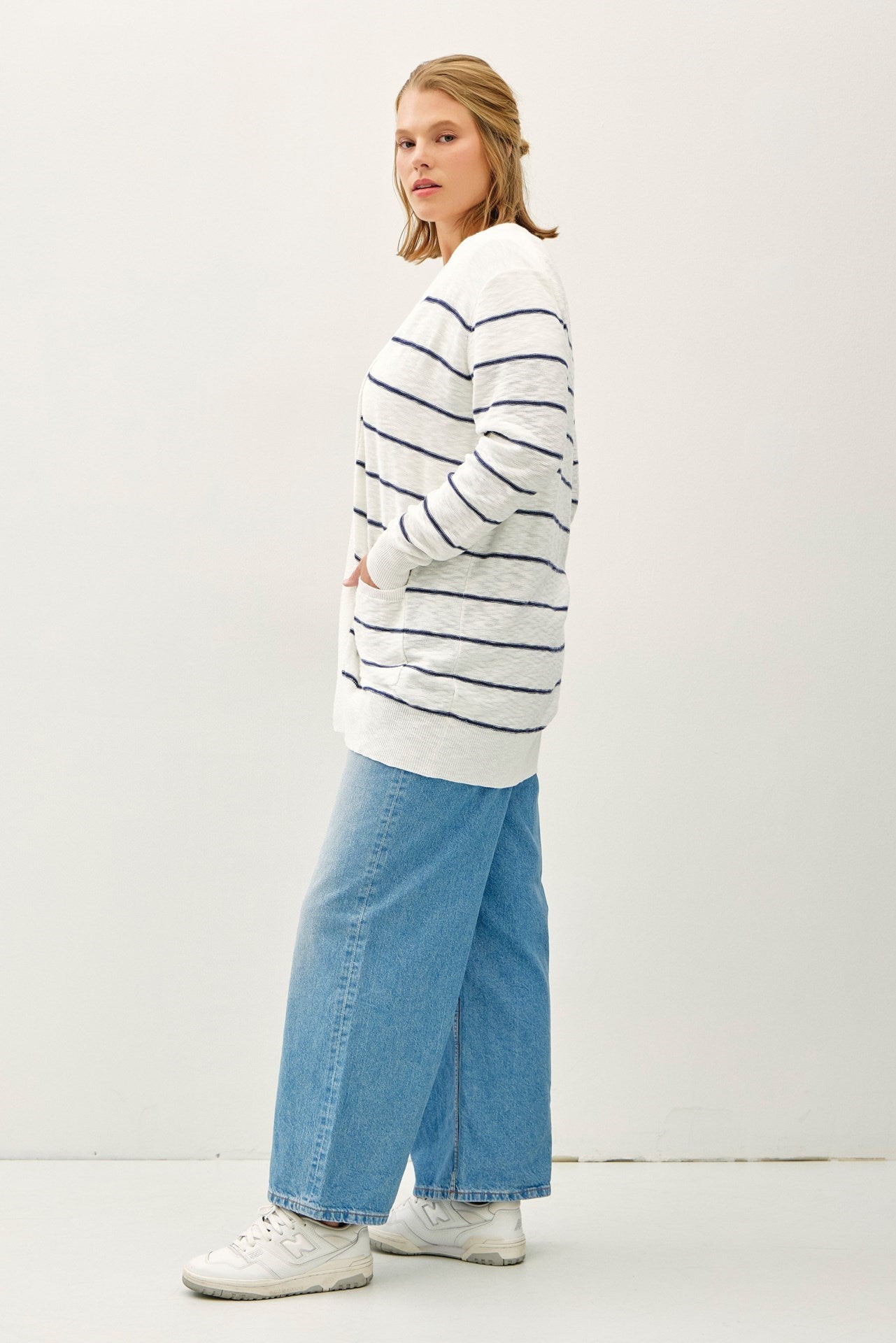 Plus Size Striped Cotton Slub Cardigan