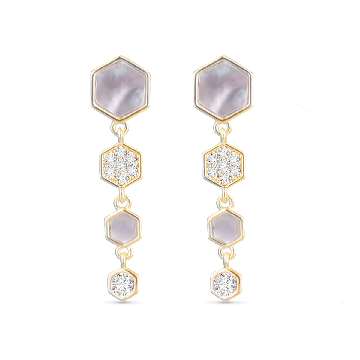 Mother Of Pearl & CZ Hegaxon Drop Earrings - Gold