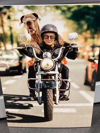 Woman And Dog Riding MotorCycle  Birthday Card