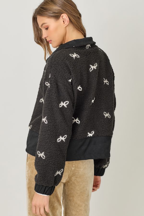 Bow Embroidery Mixed Material Jacket