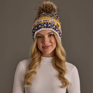 Women's Ivory, Purple & Gold Patterned Pom Beanie