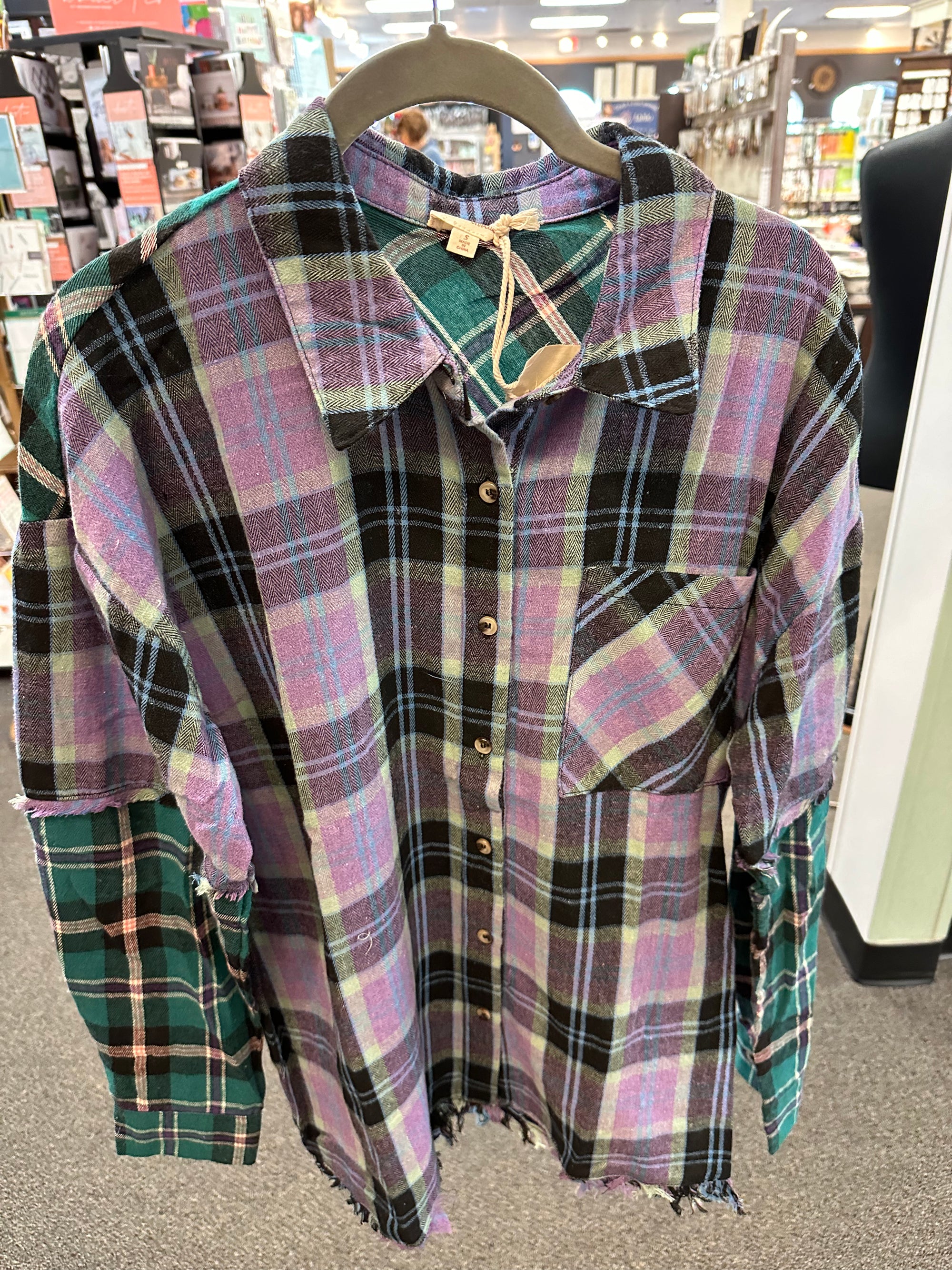 Mixed Plaid Frayed Hem Shirt