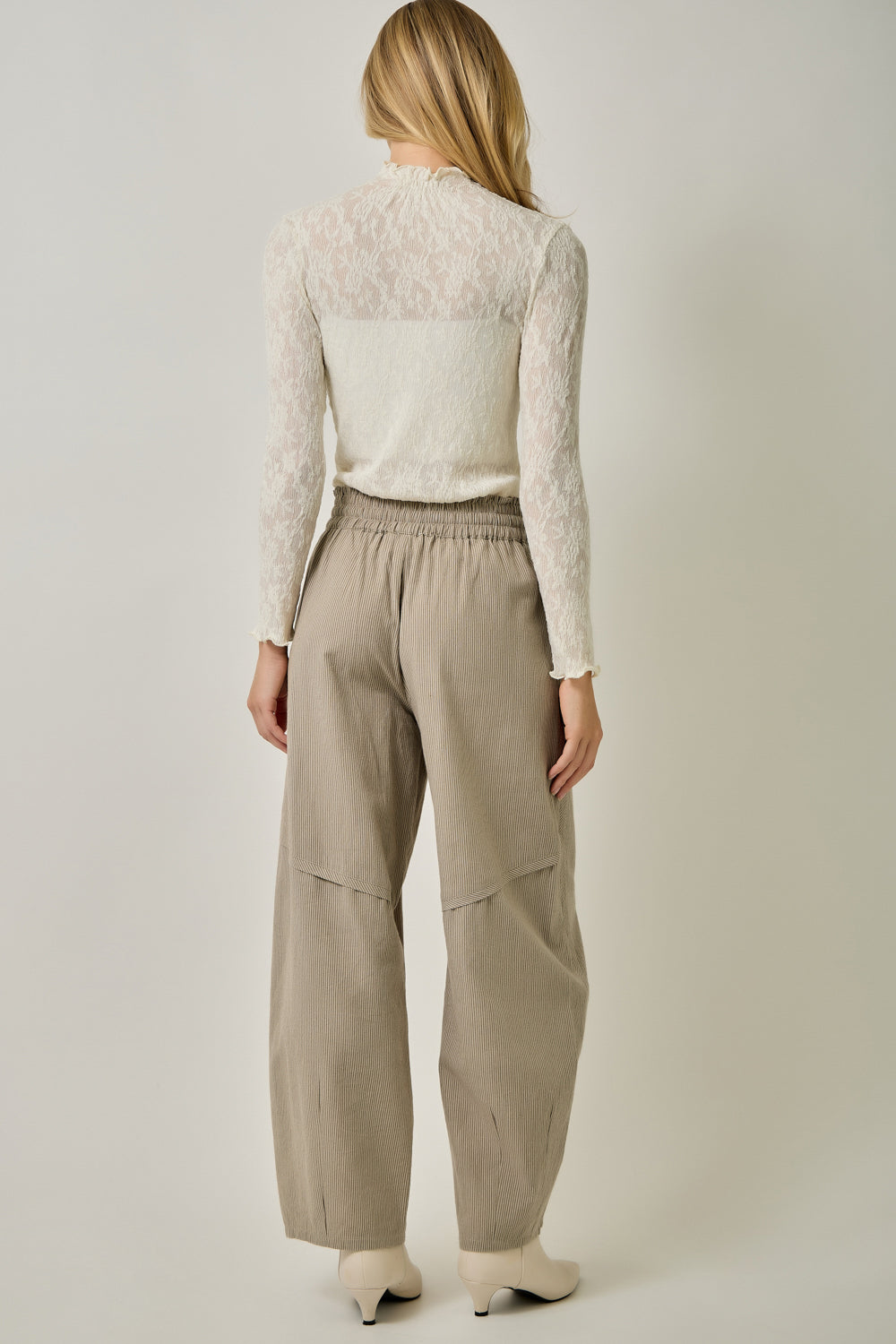 Pinstripe Barrel Pants in smokey taupe — women's full length pinstripe pants, side view