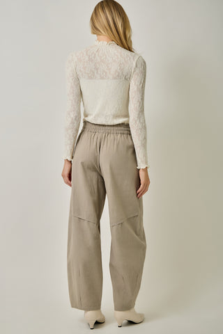 Pinstripe Barrel Pants in smokey taupe — women's full length pinstripe pants, side view