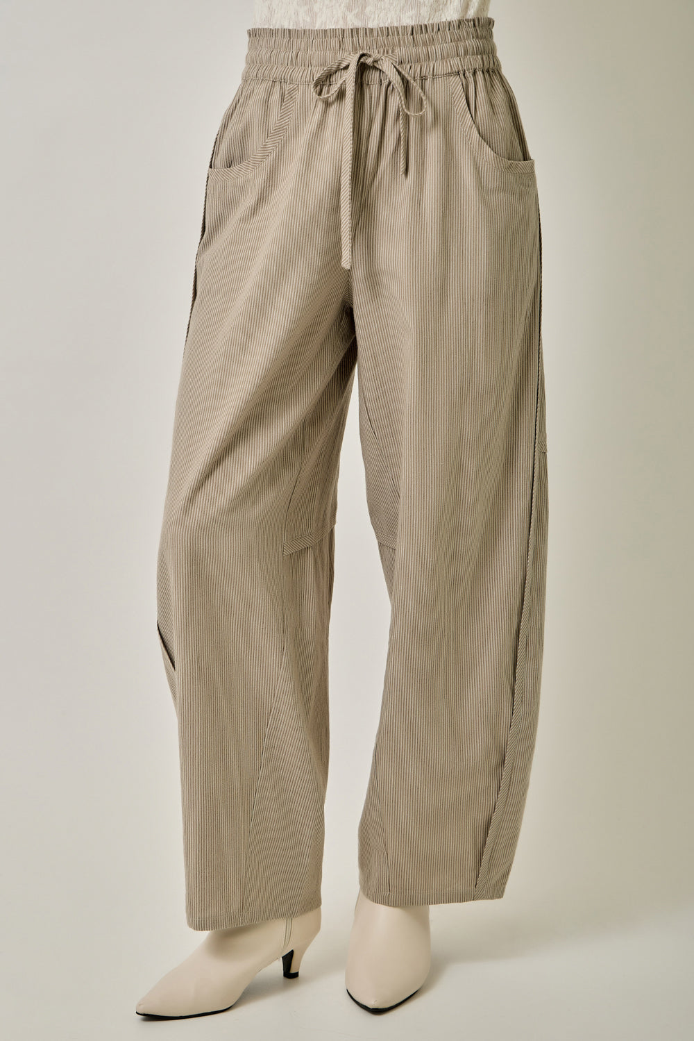 Pull-On Pinstripe Barrel Pants in smokey taupe — women's elastic waist barrel leg pinstripe pants, front view