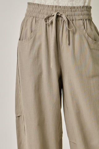 Pinstripe Barrel Pants in smokey taupe — barrel leg pull-on pants with ruched ruffle waist, detail view