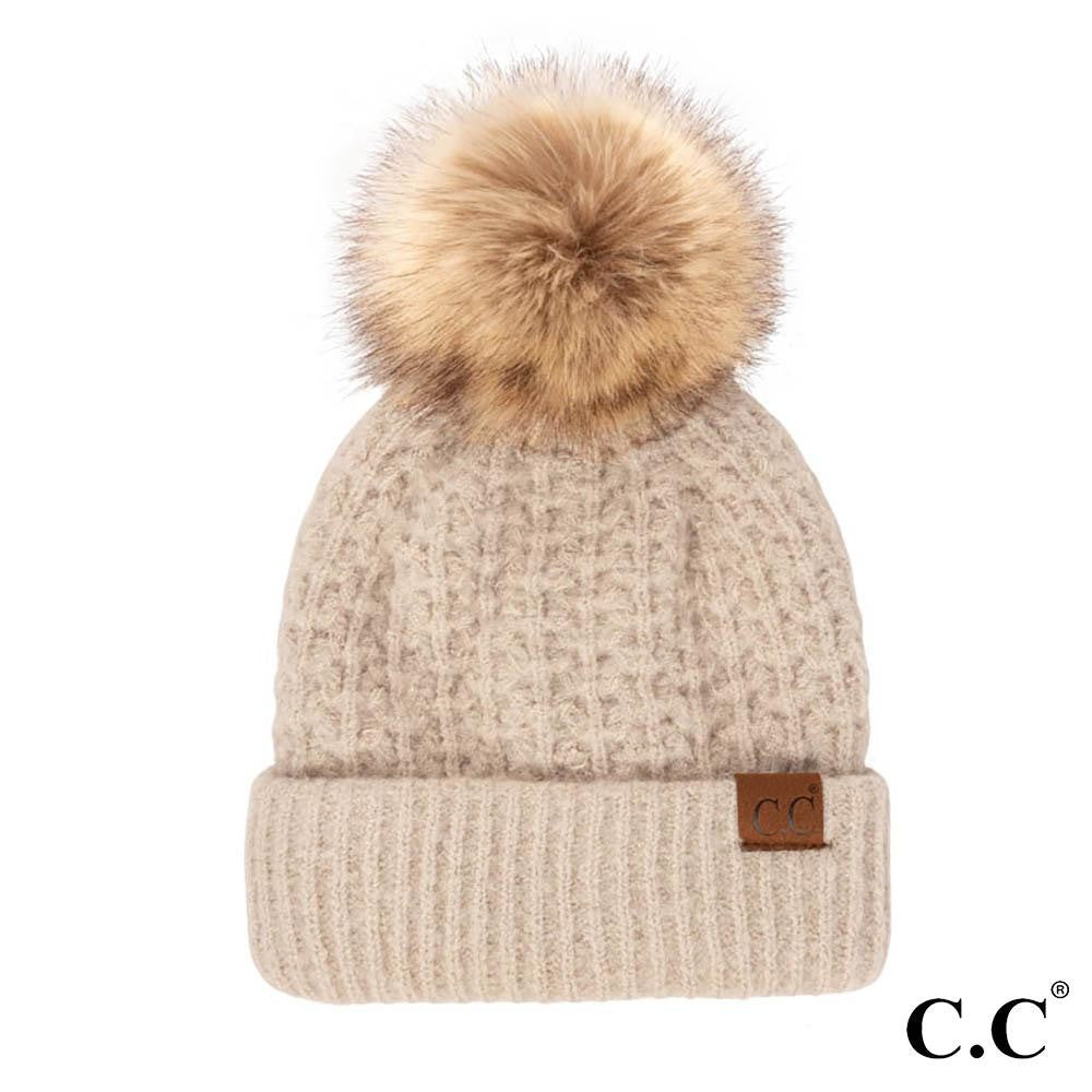 C.C Smocking Stitch Pattern Beanie w/ Pom