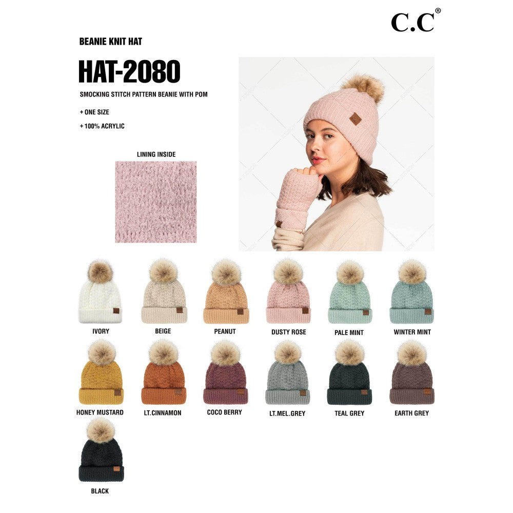 C.C Smocking Stitch Pattern Beanie w/ Pom