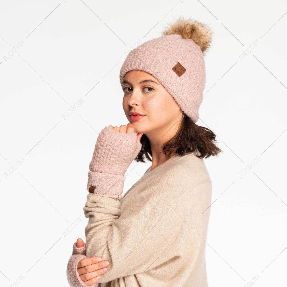 C.C Smocking Stitch Pattern Beanie w/ Pom