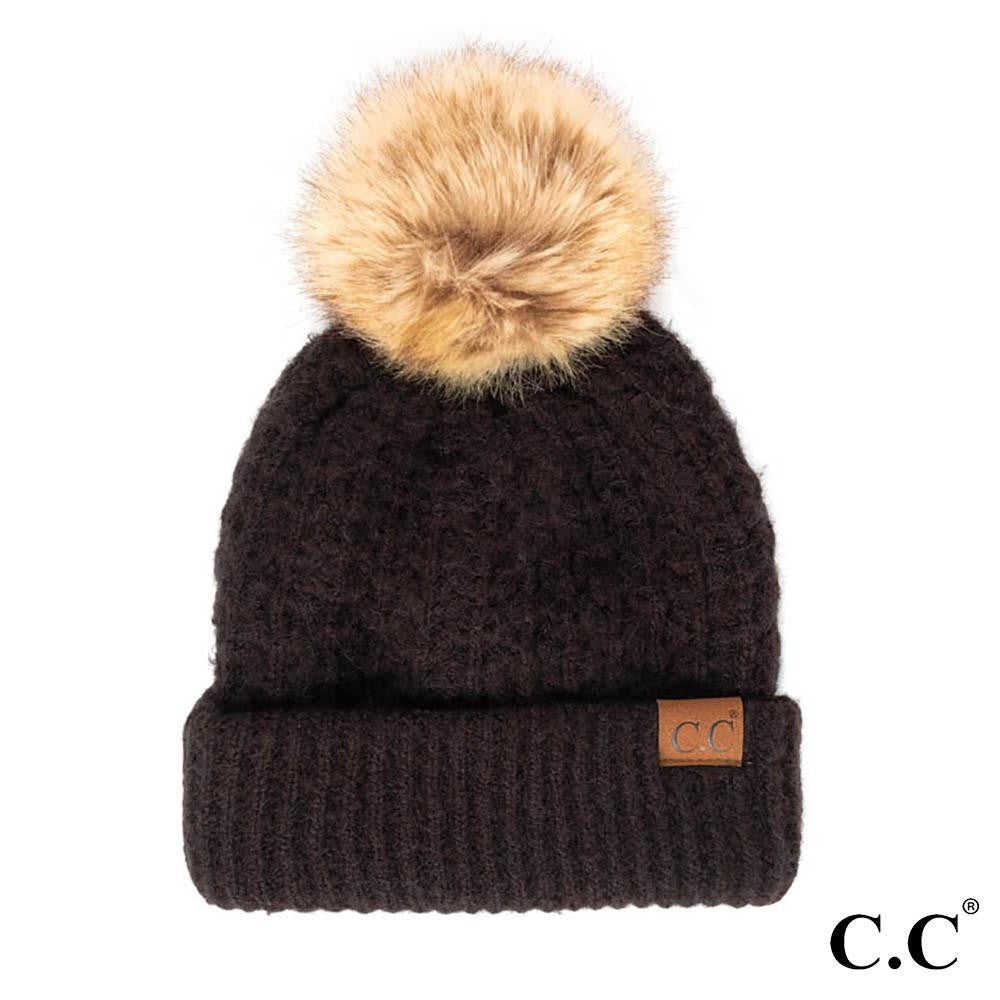 C.C Smocking Stitch Pattern Beanie w/ Pom