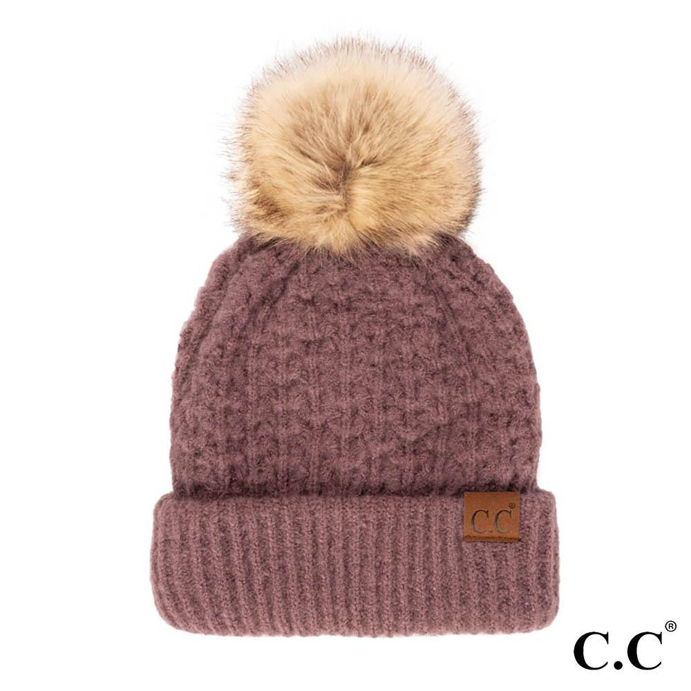 C.C Smocking Stitch Pattern Beanie w/ Pom