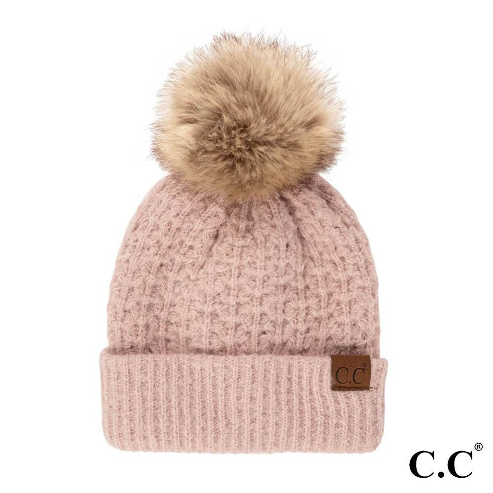 C.C Smocking Stitch Pattern Beanie w/ Pom