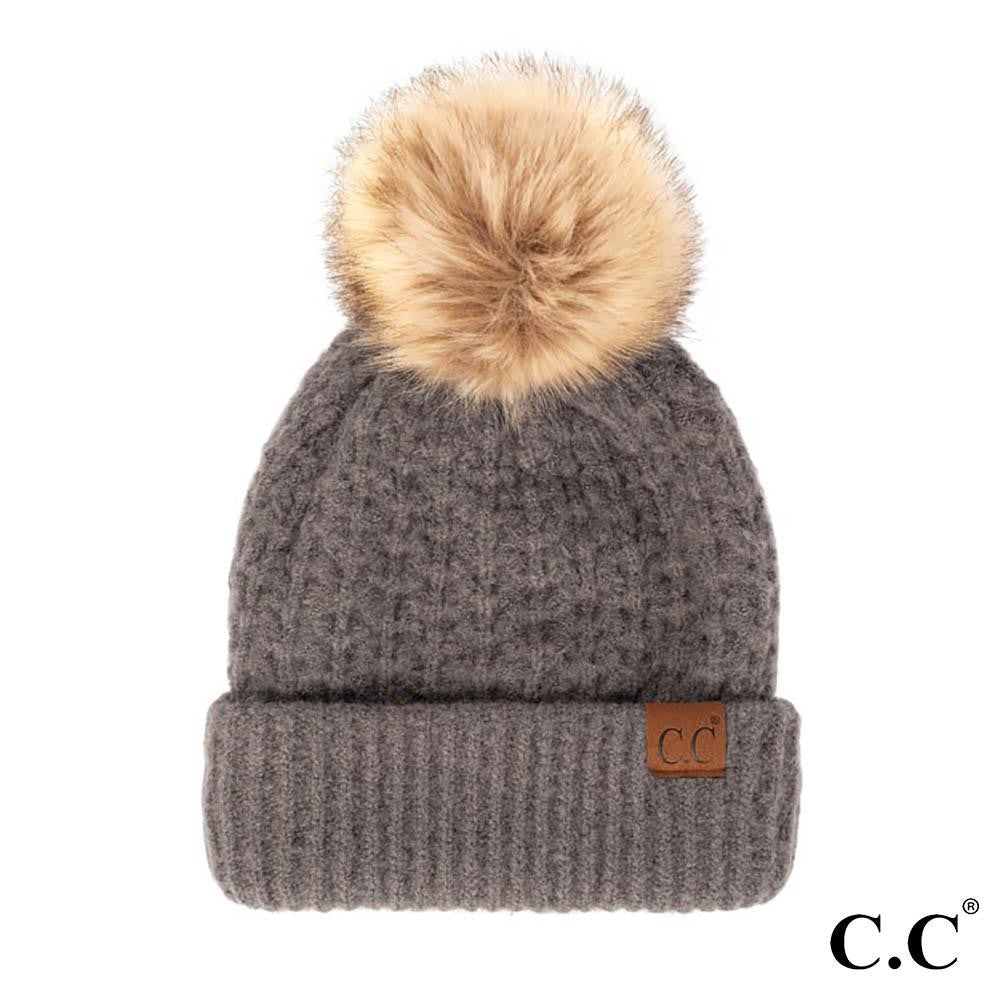 C.C Smocking Stitch Pattern Beanie w/ Pom