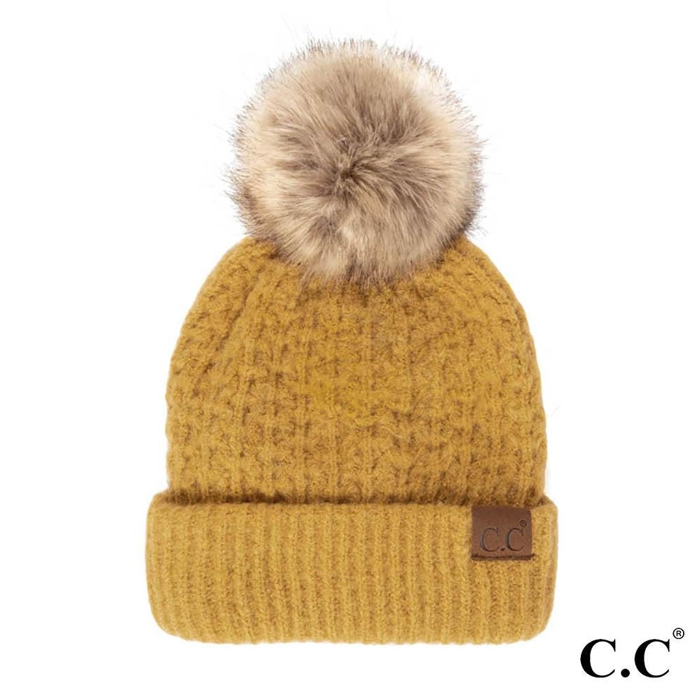 C.C Smocking Stitch Pattern Beanie w/ Pom