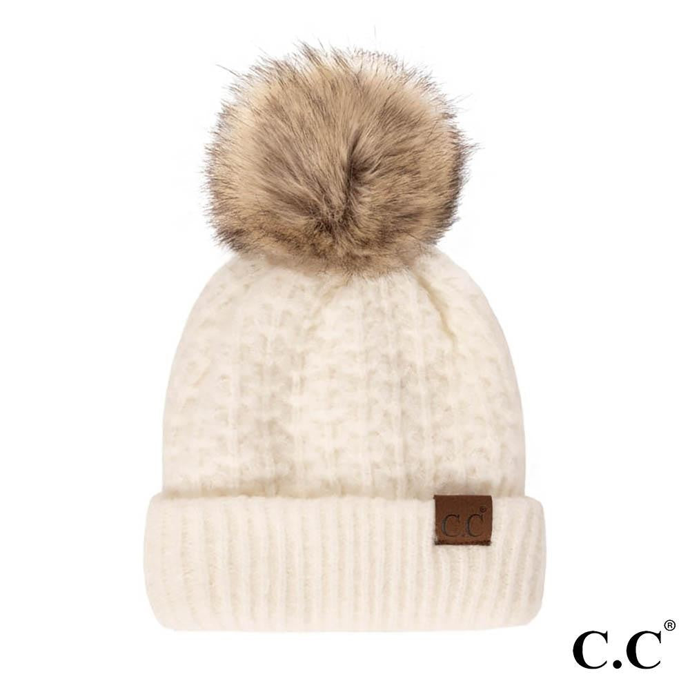 C.C Smocking Stitch Pattern Beanie w/ Pom