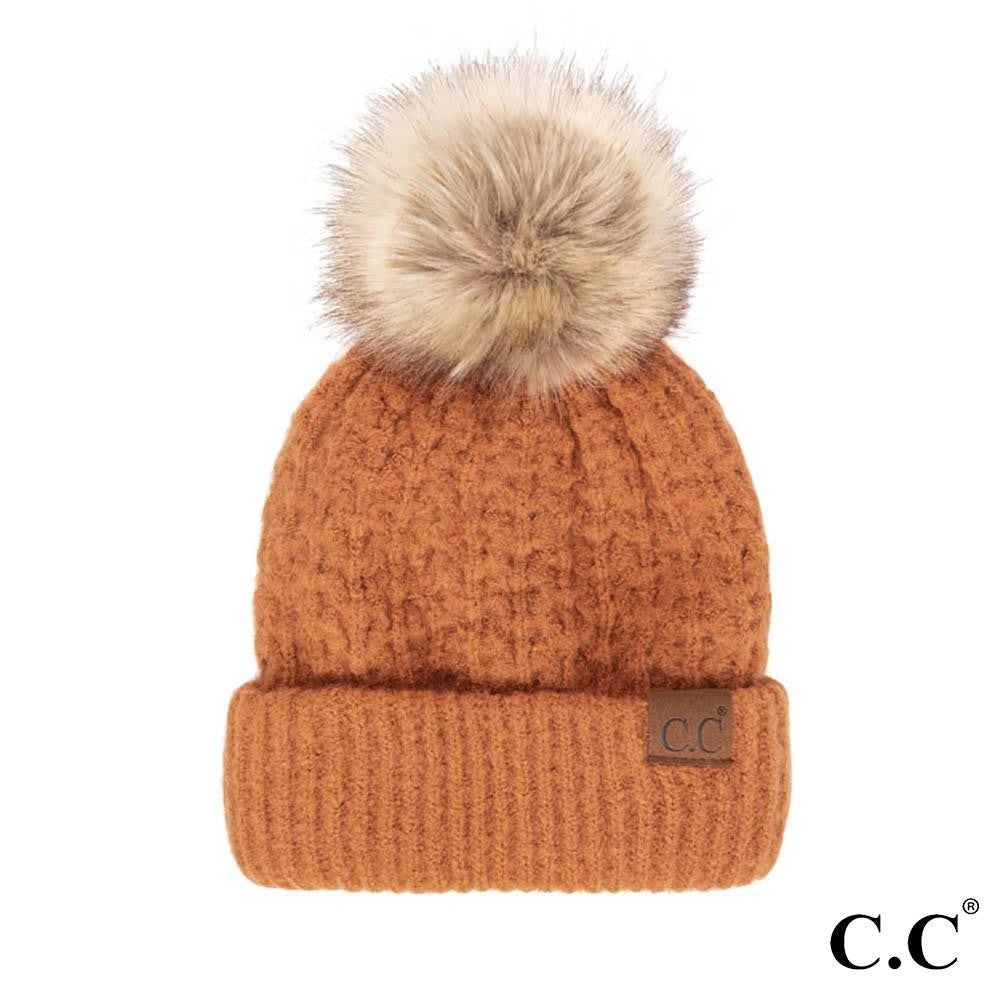 C.C Smocking Stitch Pattern Beanie w/ Pom