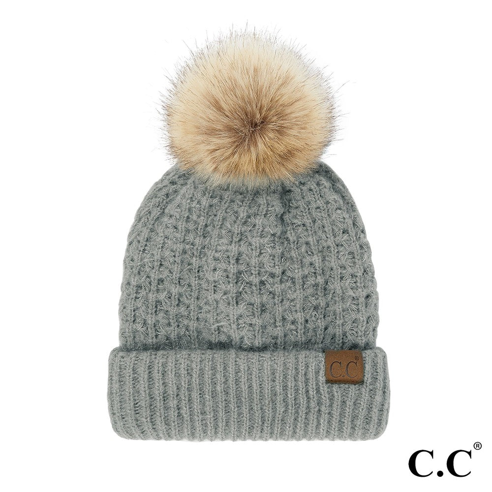 C.C Smocking Stitch Pattern Beanie w/ Pom