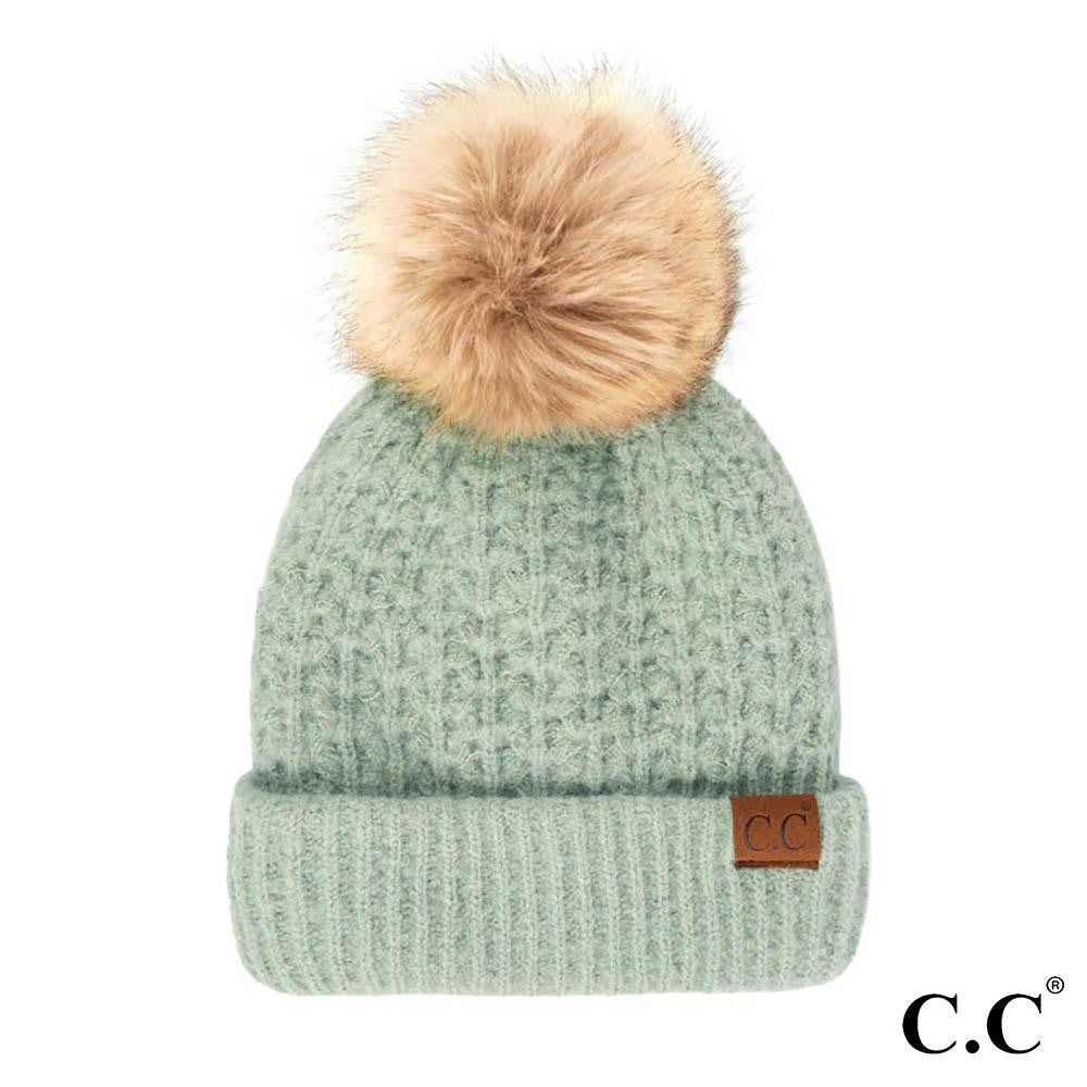 C.C Smocking Stitch Pattern Beanie w/ Pom