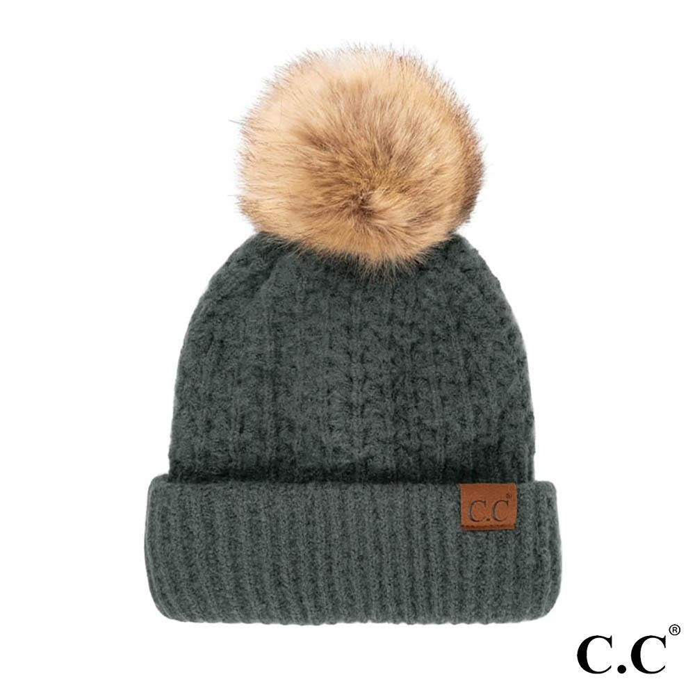 C.C Smocking Stitch Pattern Beanie w/ Pom