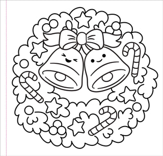 Interior coloring page from Color Me Cozy Christmas showing a kawaii Christmas wreath with two smiling jingle bells tied with a bow, surrounded by candy canes, stars, and holly berries — uncolored line art