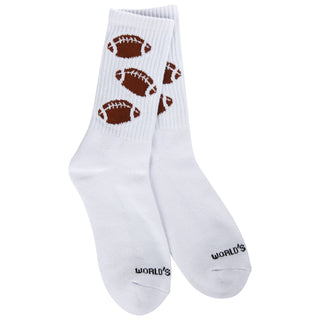 World's Softest white socks with brown football prints on a white background