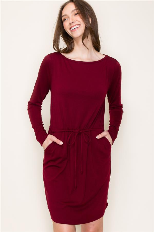 Solid Color Drawstring Waist Jersey Dress