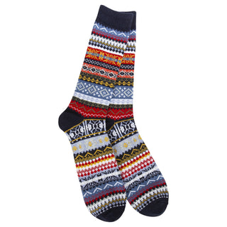A pair of 1902 studio crew socks with a colorful Fair Isle pattern on a solid white background.